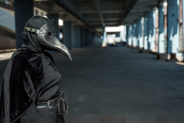 plague doctor in an empty city on an empty marina