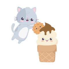 cute cat ice cream and cookie kawaii cartoon character