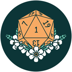 natural one dice roll with floral elements icon