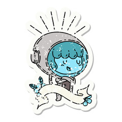 grunge sticker of tattoo style woman in astronaut suit