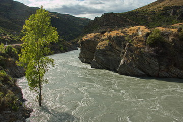 View of Kawarau River from Roaring Meg Lookout in Otago on South Island of New Zealand
