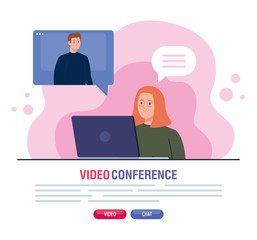 couple in video conference in laptop vector illustration design