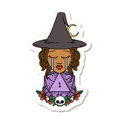 crying human witch with natural one D20 dice roll sticker