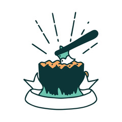 banner with tattoo style axe in tree stump