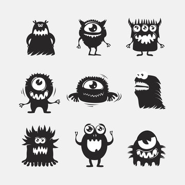 Collection of cartoon funny Halloween monsters silhouettes