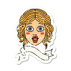 grunge sticker with banner of female face