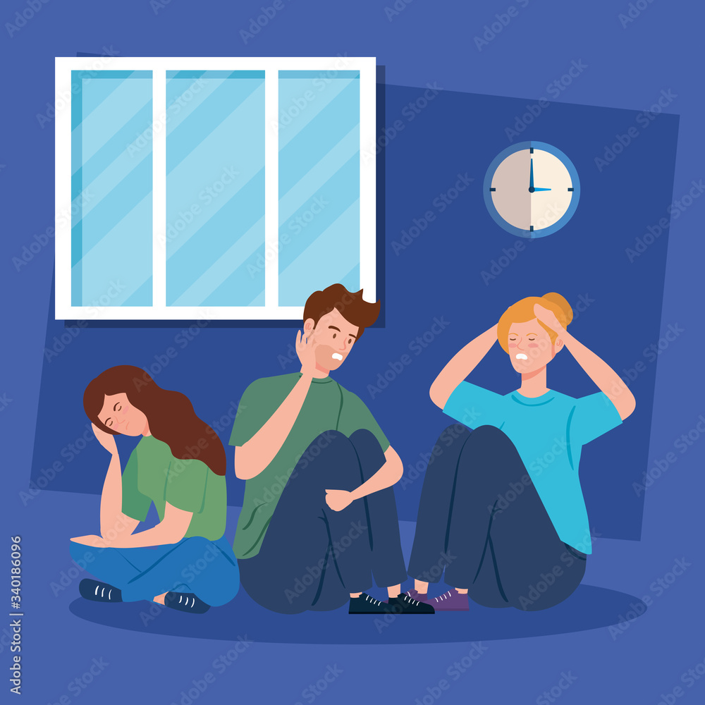 Wall mural young people sitting in floor with stress attack vector illustration design