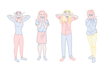Set of emotions of vector illustration. Woman is experiencing fear, horror, depression, sadness, stress.Line style