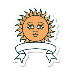 tattoo sticker with banner of a sun with face