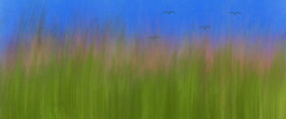 Abstract Watercolor art flowers Grass Sky and Flying bird natural beauty flowers landscape paintings, canvas texture background illustration