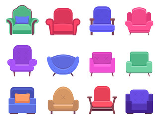Armchair furniture. Armchair sofa, apartment interior comfortable furniture, modern cozy domestic chair vector isolated illustration icons set. Soft seat chair, seating furnish, armchair fashionable