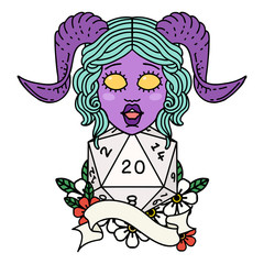 tiefling with natural twenty dice roll illustration