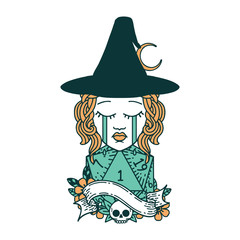 crying human witch with natural D20 roll illustration