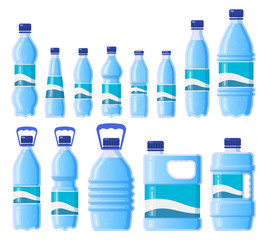 Water plastic bottle. Beverage plastic, glass packaging, bottled water, cold water storage. Drink bottles isolated vector illustration icons set. Bottle beverage, water drink plastic container