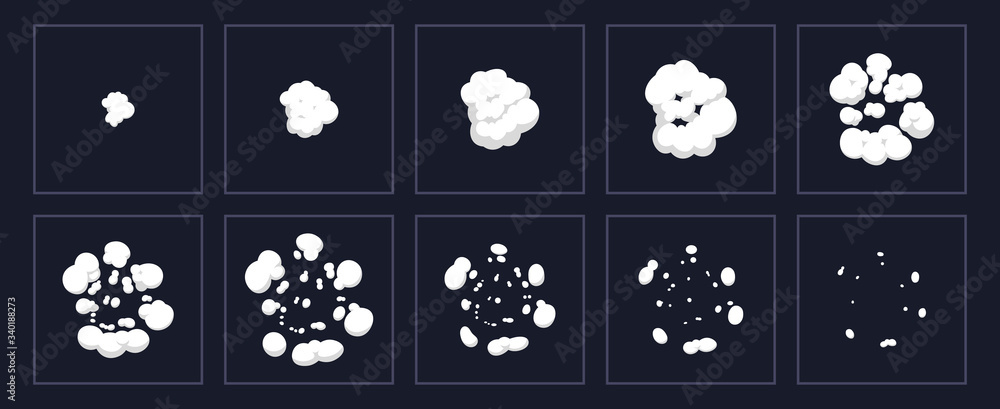 Poster smoke explosion animation. cartoon explosion animated shot, explode clouds frames. exploding effect 