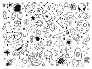 Hand drawn space. Doodle space planets, astrology cosmic doodles, telescope, cosmic rocket, spacecrafts. Universe doodle vector illustration set. Rocket astronaut, spacecraft satellite