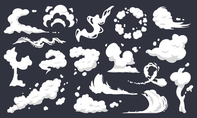 Cartoon smoke clouds. Comic smoke flows, dust, smog and smoke steaming cloud silhouettes isolated vector illustration set. Wind silhouette steaming, smoke explosion, comic cloud collection