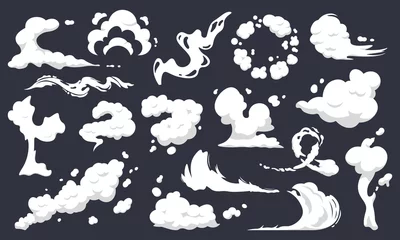 Poster Cartoon smoke clouds. Comic smoke flows, dust, smog and smoke steaming cloud silhouettes isolated vector illustration set. Wind silhouette steaming, smoke explosion, comic cloud collection © WinWin
