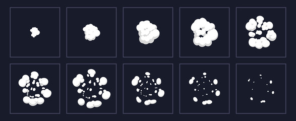 Smoke explosion animation. Cartoon explosion animated shot, explode clouds frames. Exploding effect storyboard isolated vector illustration set. Movement puff effect, flash motion boom © WinWin