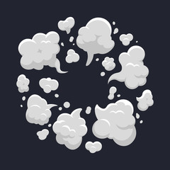 Cartoon dust cloud. Comic dust cloud explosion, steam, smoke cloud explode. Cloud action element isolated vector illustration. Dust smoke and fog, collection of cloudy smog for game