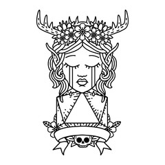 sad elf druid character face with natural one D20 roll illustration