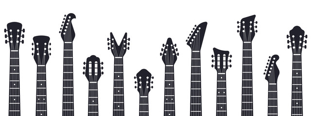 Guitars headstock. Rock music guitar necks silhouette. Electric and acoustic music guitars isolated vector illustration. Acoustic entertainment, instrument guitar, musical equipment