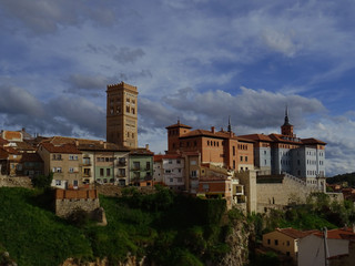 Fototapeta na wymiar View of the old city center of Teruel. Bell tower of the Church of San Martin standing out. Spain.
