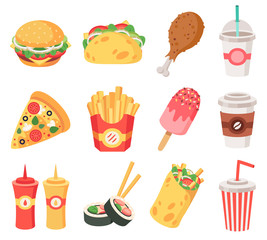 Junk street food. Fast food, doodle takeaway food and snacks, french fries, coffee, pizza. High calorie junk food isolated vector icons set. Pizza and burrito hamburger, soda fastfood illustration