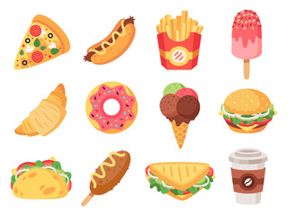 Fast food. Junk food and snacks, hamburger, taco, french fries, donut and pizza high calorie food. Doodle fast food vector isolated icons set. illustration of hotdog and croissant, snack and sandwich