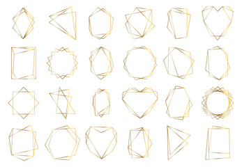 Golden geometric frames. Elegant gold hexagonal elements, abstract wedding invitation frame. Vintage luxury border vector symbols set. Geometric golden shape, hexagon and circle form illustration