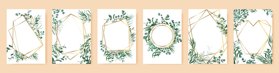 Green leaf frames. Spring wedding invitations, floral branches gold geometric borders. Elegant floral frames vector isolated symbols set. Poster and banner with bouquet frame floral illustration