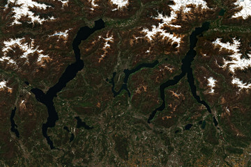 Northern Italian Lakes: Lake Maggiore, Lake Como and Lake Lugano seen from space - contains...