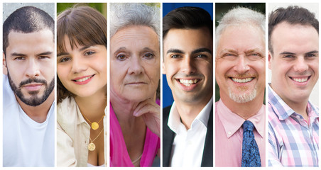 Collage of different peoples portraits, diversity and family. Variously dressed people of different age and occupation. Equality and uniqueness concept.