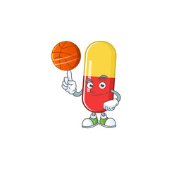 An athletic red yellow capsules cartoon design style playing basketball