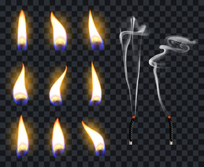 Realistic candle flames. Candlelight fire flame, candles warm burn. Fire transparent illuminate flames vector illustration symbol set. Warm light glowing, burning illuminate wick