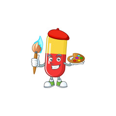 Artistic Artist of red yellow capsules cartoon character painting with a brush