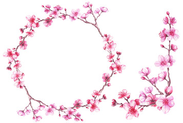 Obraz na płótnie Canvas Watercolor frame wreath with blooming cherry. Sakura.