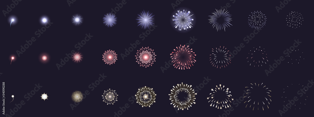 Poster fireworks animation. animated firework explosion frames, party firecracker explosion storyboards. fi