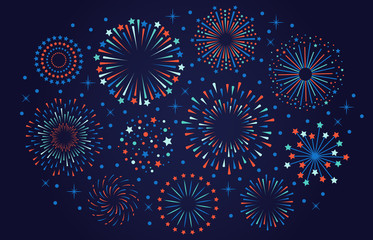 Celebration 4th July USA fireworks. Festival firecracker, colorful fireworks explosions, carnival party firework vector illustration. Firework celebration explosion, explosive firecracker - obrazy, fototapety, plakaty