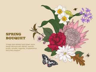 Spring Bouquet - victorian retro style hand-drawn vectorized botanical elements with butterfly and bumblebees.