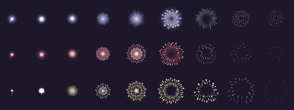 Fireworks animation. Animated firework explosion frames, party firecracker explosion storyboards. Fireworks explosions vector illustration set. Explosion sequence action, firework collection set