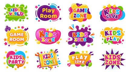 Kids entertainment badges. Game room party labels, children education and entertainment club elements. Baby playing zone vector illustration set. Playroom area, child and kids zone for game