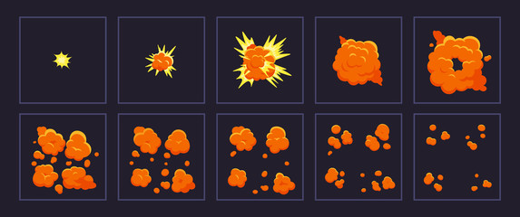 Cartoon motion explosions. Animated explosion shot, explode fire frames. Exploding effect frames vector illustration set. Explosion cartoon animation, boom movement, explore effect © WinWin