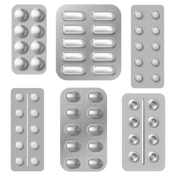 Blister tablets and pills packs. Realistic medicine vitamins capsule and antibiotics packing. Pharmaceutical drugs packaging isolated vector set. Pharmaceutical tablet and antibiotic illustration