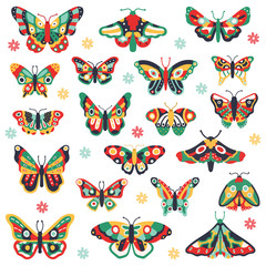 Hand drawn butterflies. Doodle colorful flying butterfly, cute drawing insects. Flower spring papillon vector illustration icons set. Butterfly insect drawing, floral pattern on wing