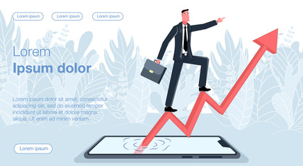 A businessman is standing on an arrow exiting a mobile phone showing hand forward. Business vector concept illustration.