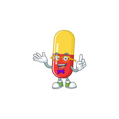 Cartoon character design of Geek red yellow capsules wearing weird glasses