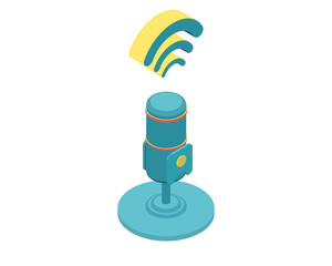 Isometric illustration for podcasting, broadcasting, straeming or online radio. Equipment for entertaiment, recording the podcasts and streaming games and etc.