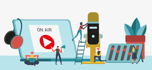 Flat illustration for podcasting, broadcasting, straeming or online radio. Equipment for entertaiment, recording the podcasts and streaming games and etc.