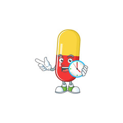 Red yellow capsules mascot design concept holding a circle clock